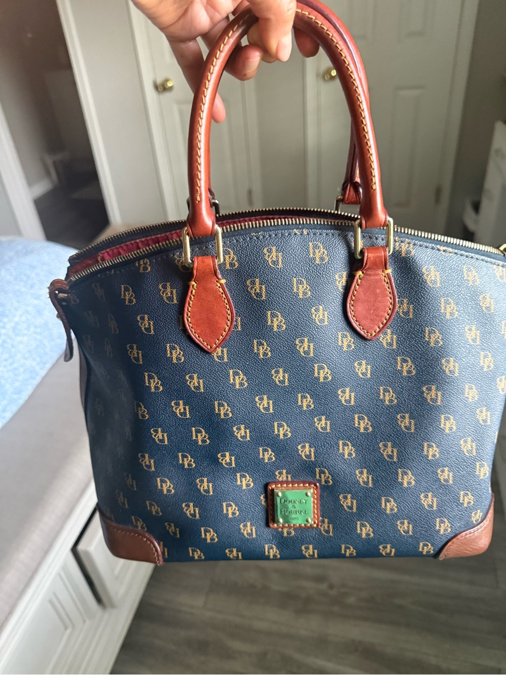Dooney & Bourke Navy Monogram Dome Satchel with Brown Trim